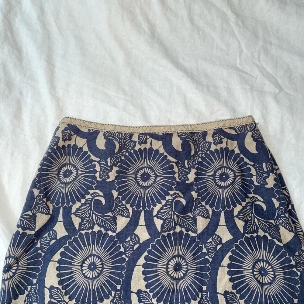 Boden 12L 100% Linen ruffle Maxi Skirt Floral Blue Cream